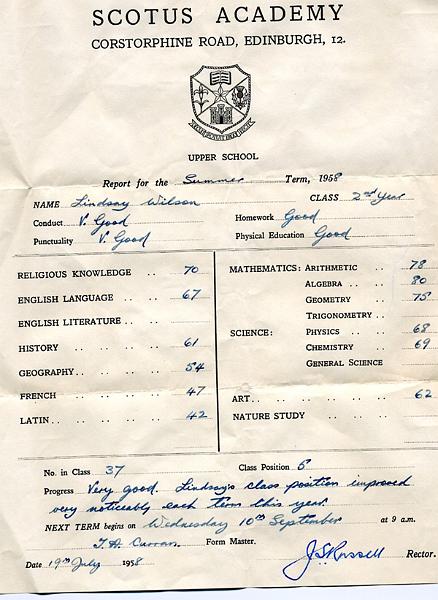 lindsay's report.jpg - Lindsay Wilson's report card from 1958, aged 11 in 2nd year of senior school.